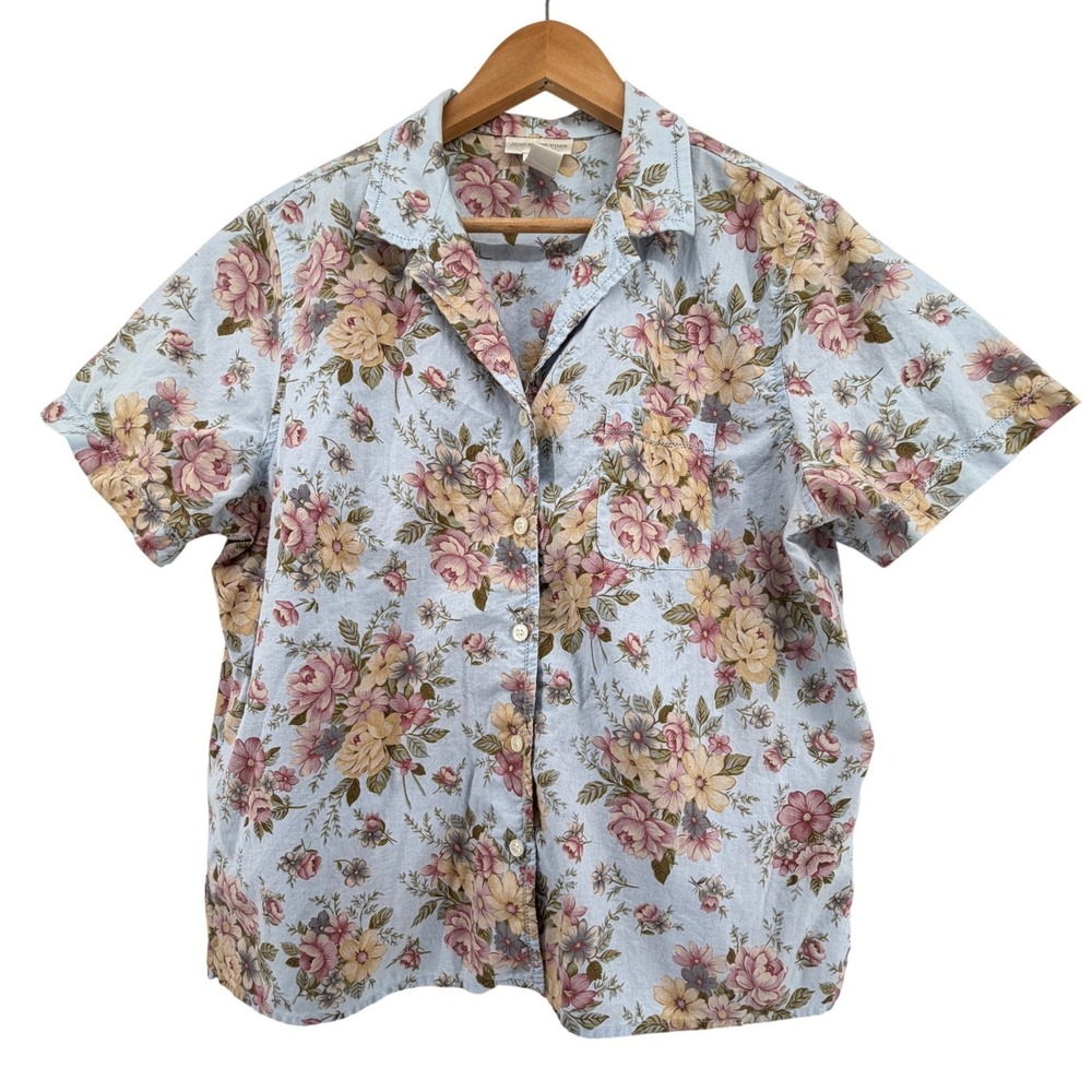 VTG 100% Cotton Cottagecote Floral Button Down Shirt Blue Pink Large Vintage